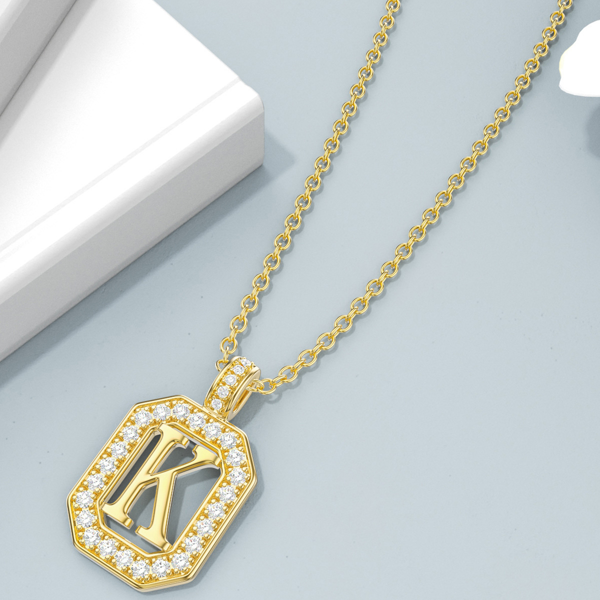 14K Gold Moissanite Quadratische Anhänger Halskette mit Initial Buchstabe K-4