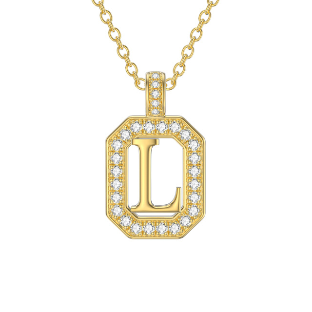 14K Gold Moissanite Square Pendant Necklace with Initial Letter L-1