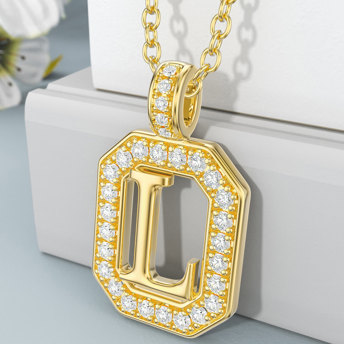 Collana con ciondolo quadrato in moissanite d'oro 14K con lettera iniziale L-3