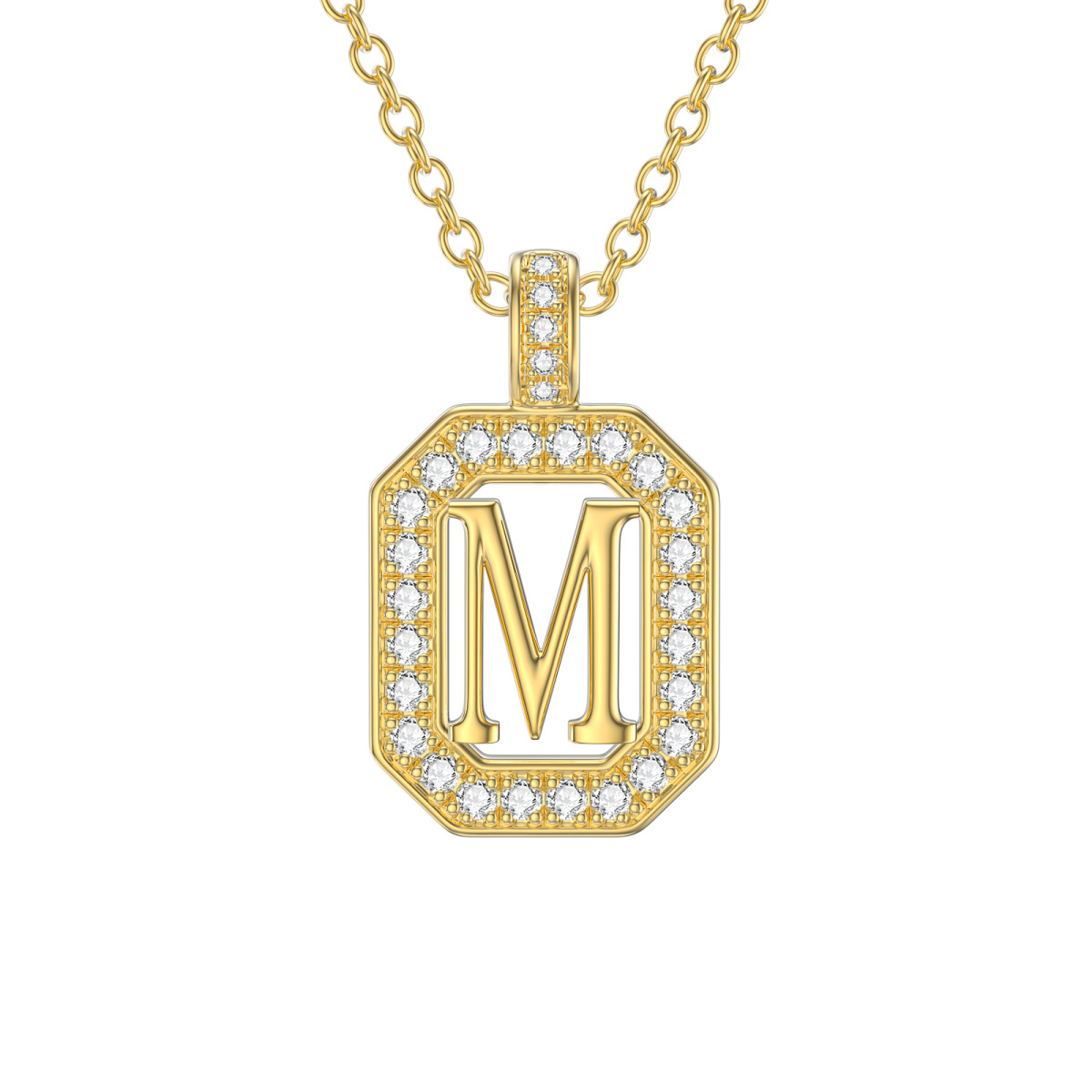 14K Gold Moissanite Square Pendant Necklace with Initial Letter M-1