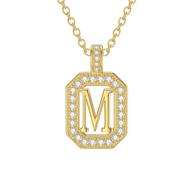 14K Gold Moissanite Square Pendant Necklace with Initial Letter M-1