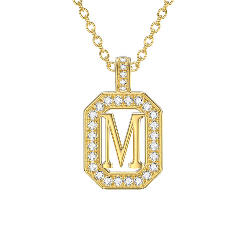 14K Gold Moissanite Square Pendant Necklace with Initial Letter M-1