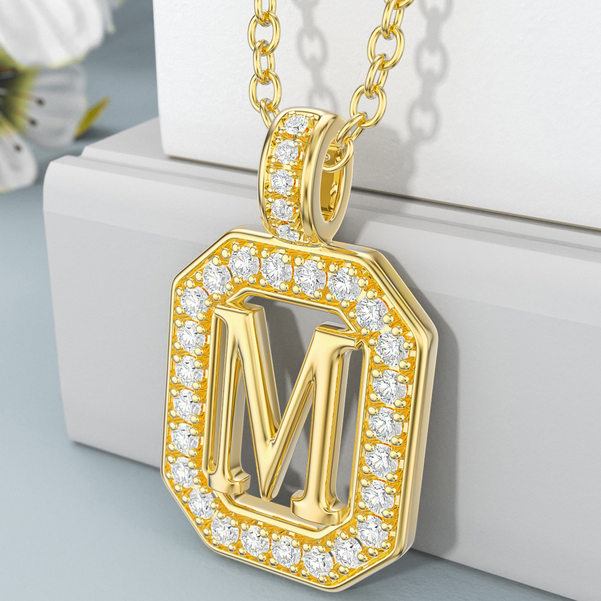 Collier pendentif carré en or 14K Moissanite avec lettre initiale M-3