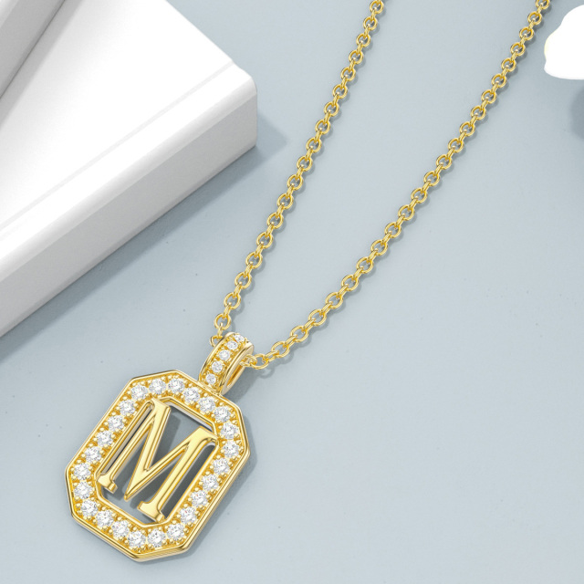 14K Gold Moissanite Square Pendant Necklace with Initial Letter M-4