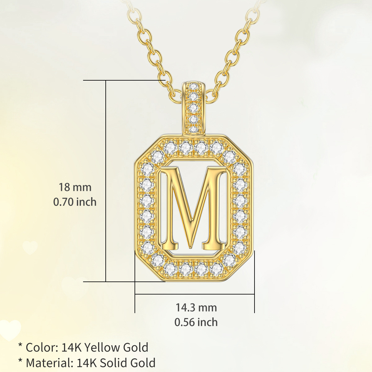 14K Gold Moissanite Square Pendant Necklace with Initial Letter M-5