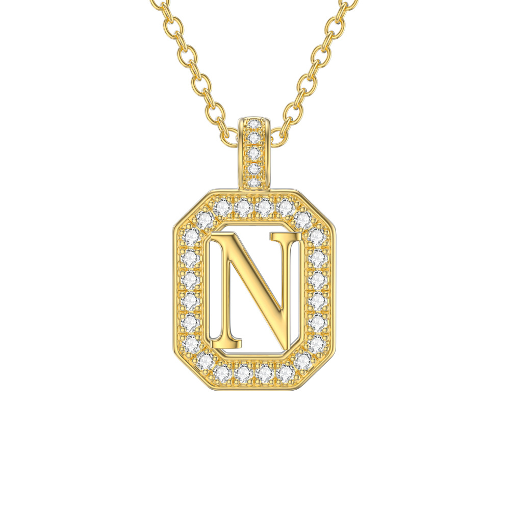 Collana con ciondolo quadrato in moissanite in oro 18K con lettera iniziale N-1