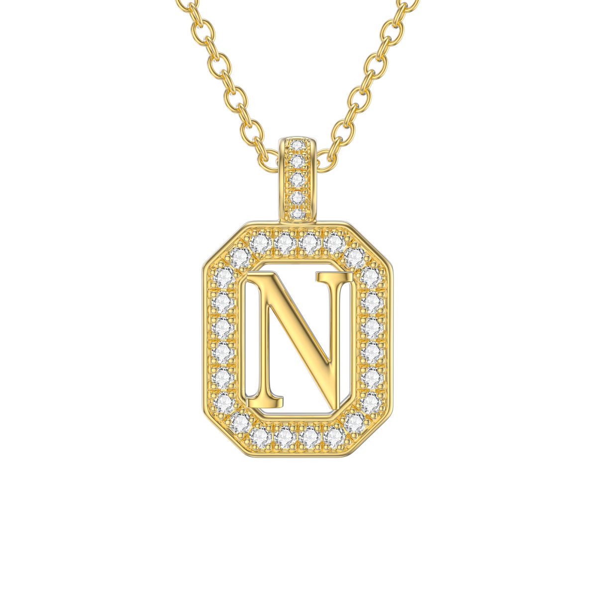 14K Gold Moissanite Square Pendant Necklace with Initial Letter N-1