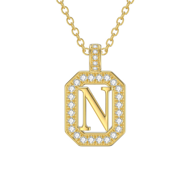 14K Gold Moissanite Square Pendant Necklace with Initial Letter N-1