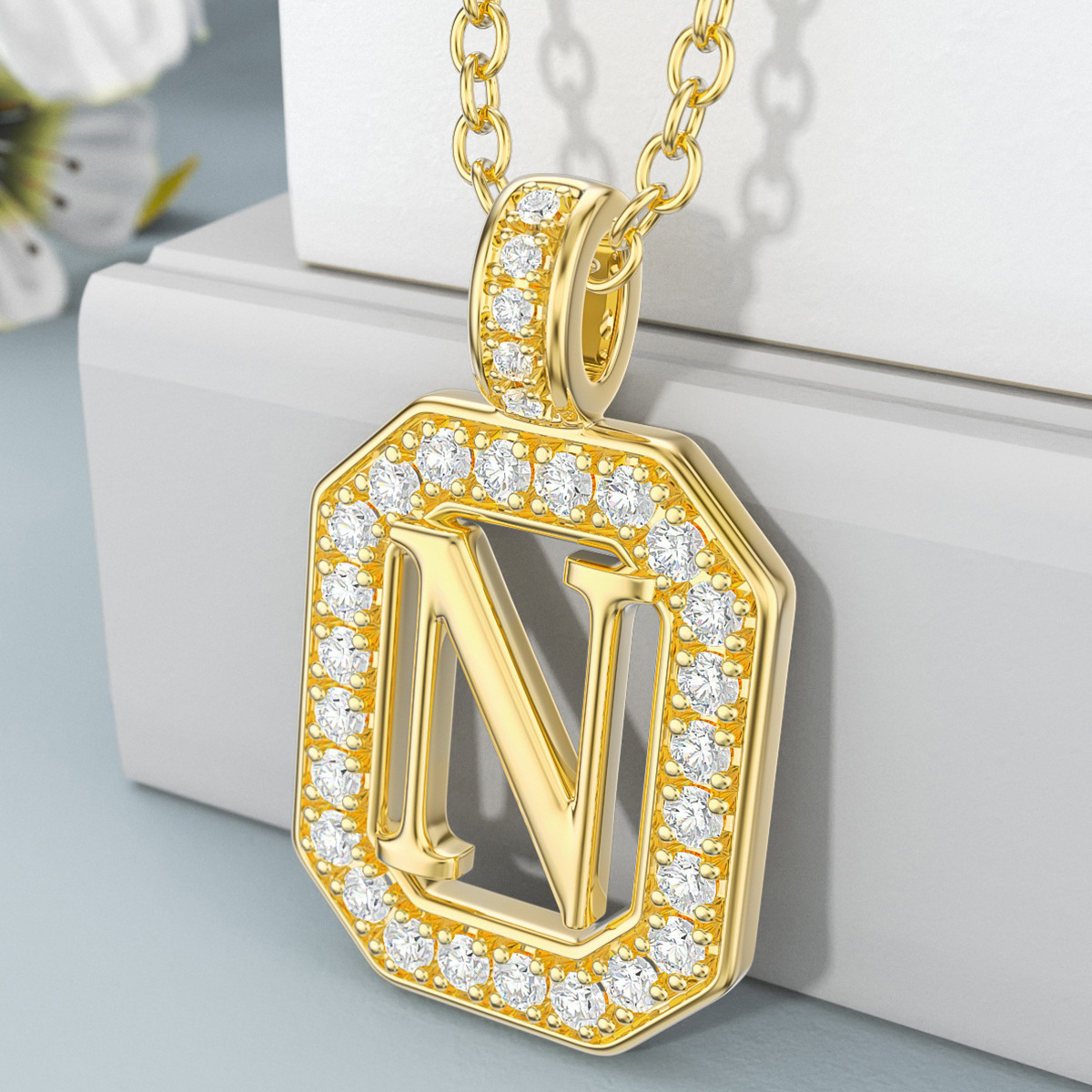 14K Gold Moissanite Square Pendant Necklace with Initial Letter N-3