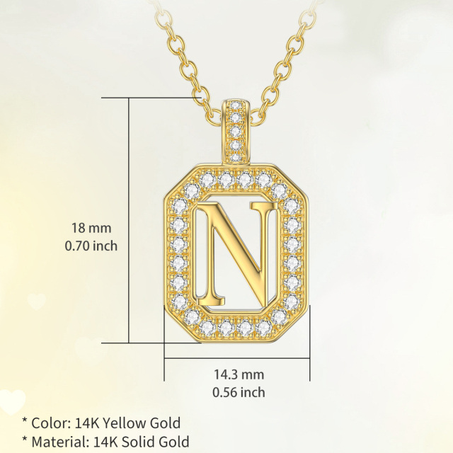 14K Gold Moissanite Square Pendant Necklace with Initial Letter N-5