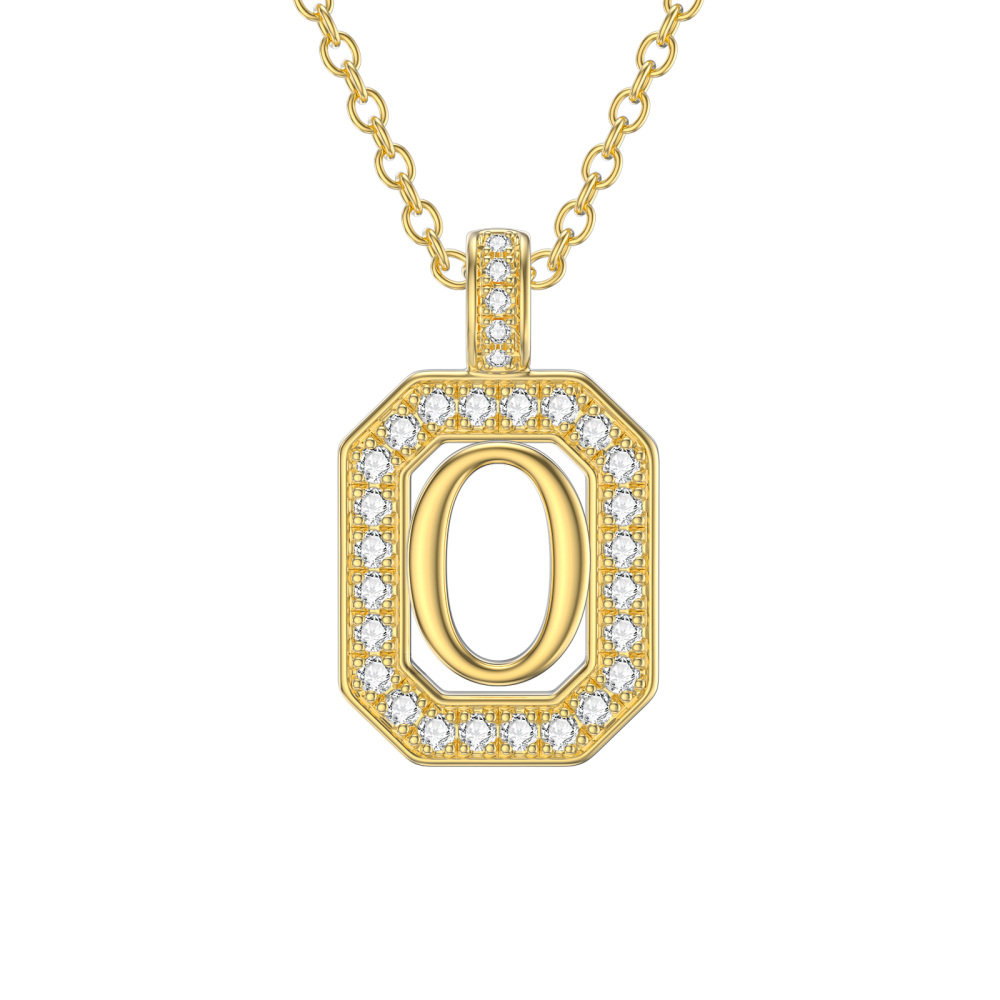 14K Gouden Moissaniet Vierkante Hanger Halsketting met Beginletter O-1
