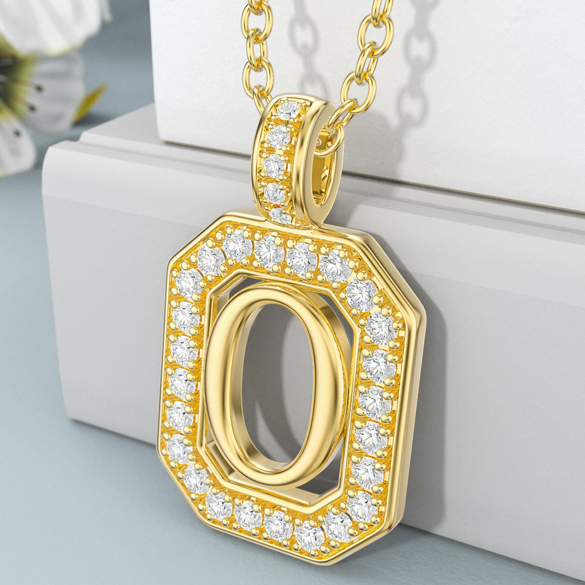 14K Gold Moissanite Square Pendant Necklace with Initial Letter O-3