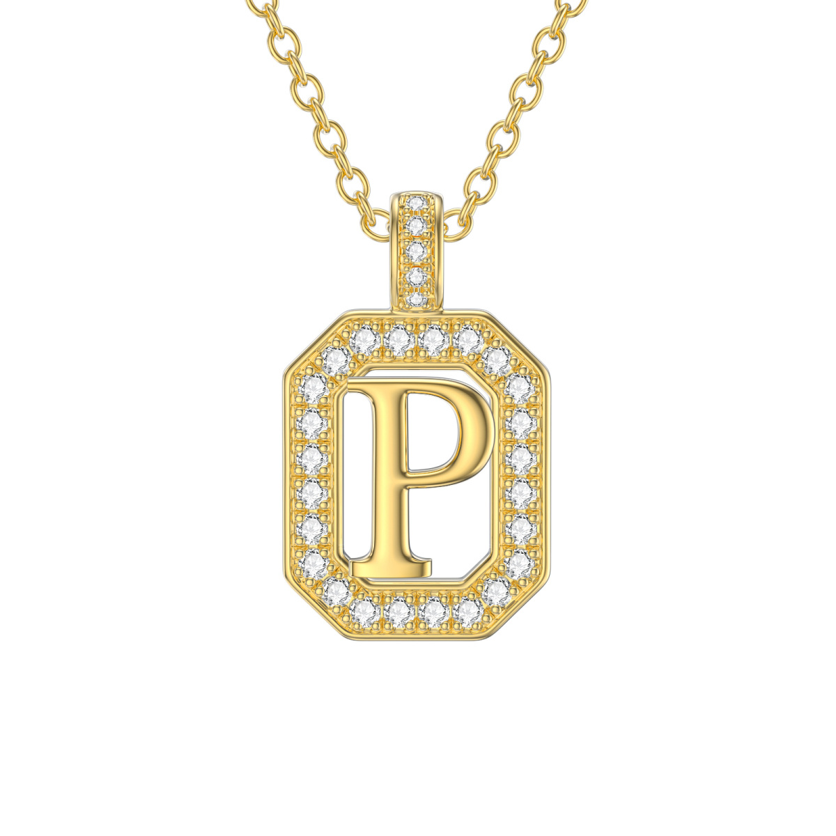 14K Gold Moissanite Square Pendant Necklace with Initial Letter P-1