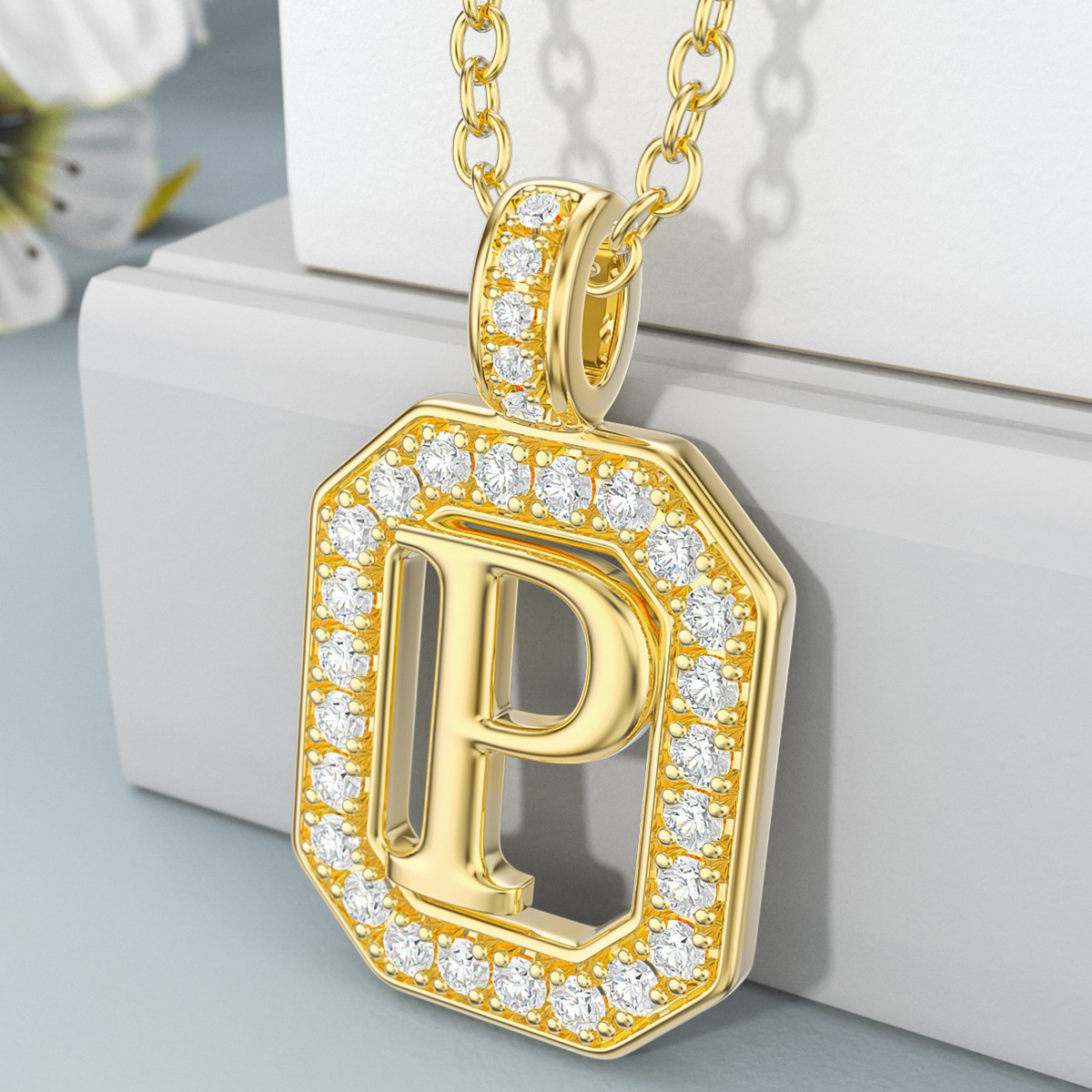 14K Gold Moissanite Square Pendant Necklace with Initial Letter P-3