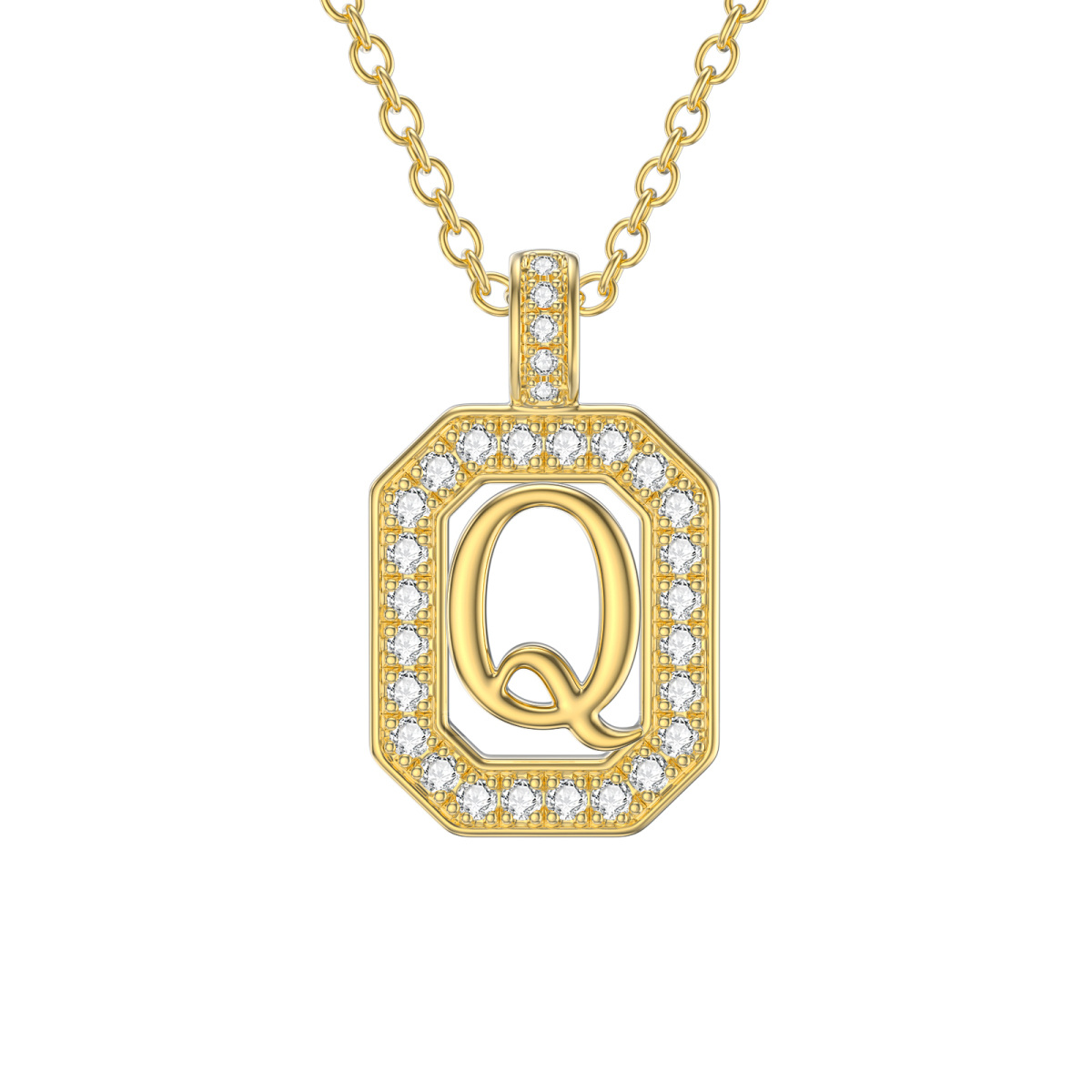 14K Gold Moissanite Square Pendant Necklace with Initial Letter Q-1