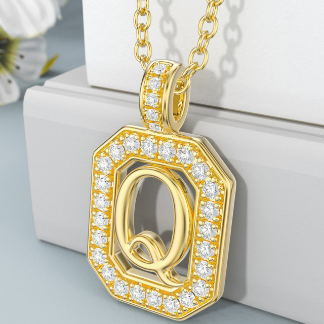 14K Gold Moissanite Square Pendant Necklace with Initial Letter Q-3