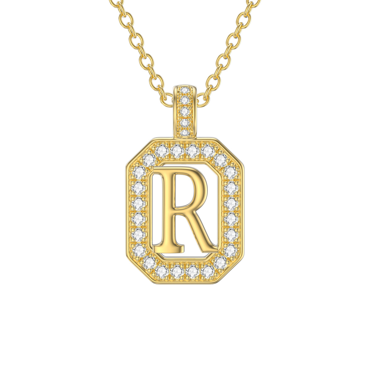 14K Gold Moissanite Square Pendant Necklace with Initial Letter R-1