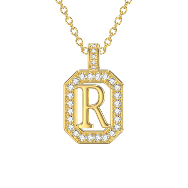 14K Gold Moissanite Square Pendant Necklace with Initial Letter R-1