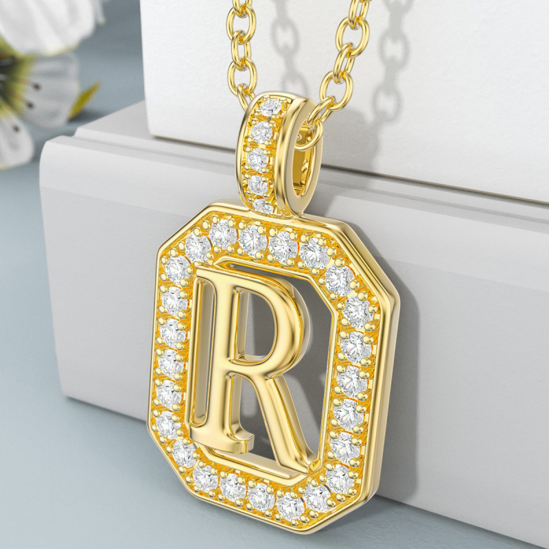 10K Gold Moissanite Square Pendant Necklace with Initial Letter R-3