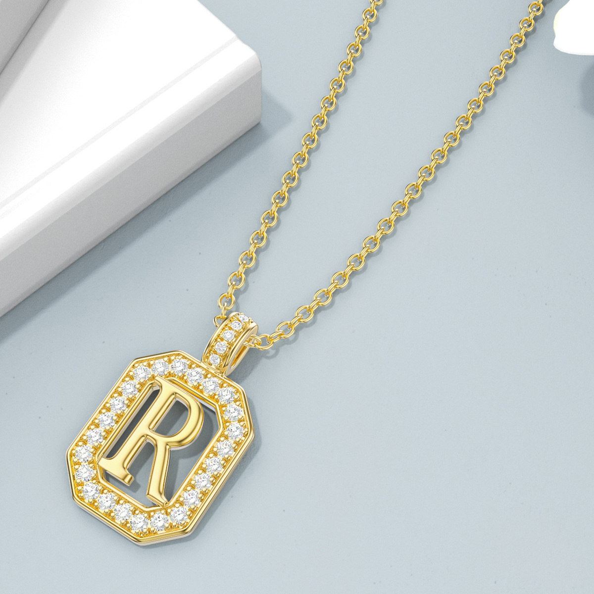 14K Gold Moissanite Square Pendant Necklace with Initial Letter R-4