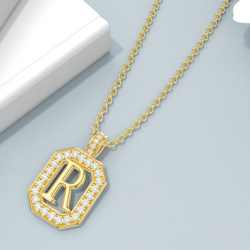 10K Gold Moissanite Square Pendant Necklace with Initial Letter R-4