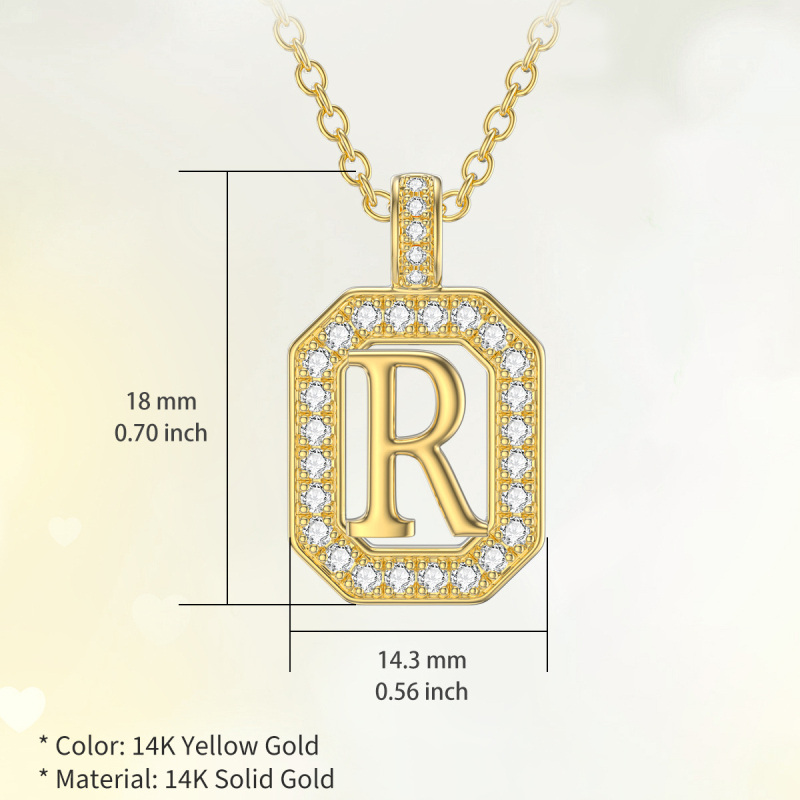 10K Gold Moissanite Square Pendant Necklace with Initial Letter R-5
