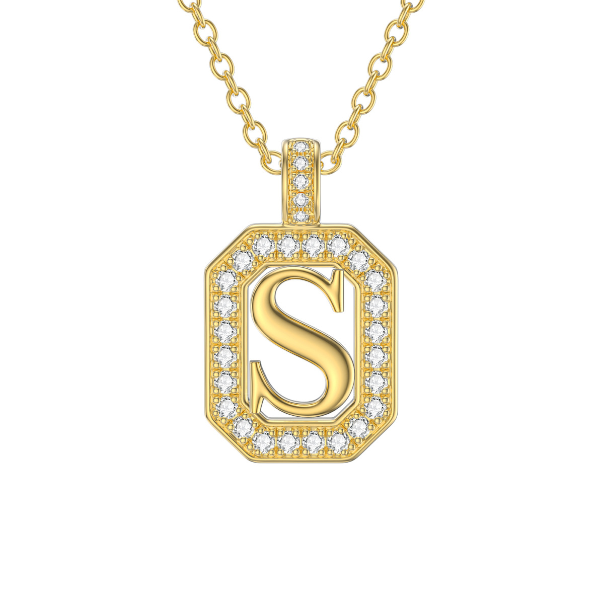 14K Gold Moissanite Square Pendant Necklace with Initial Letter S-1