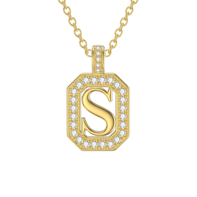 14K gouden Moissanite vierkante hanger ketting met initiaal letter S-1