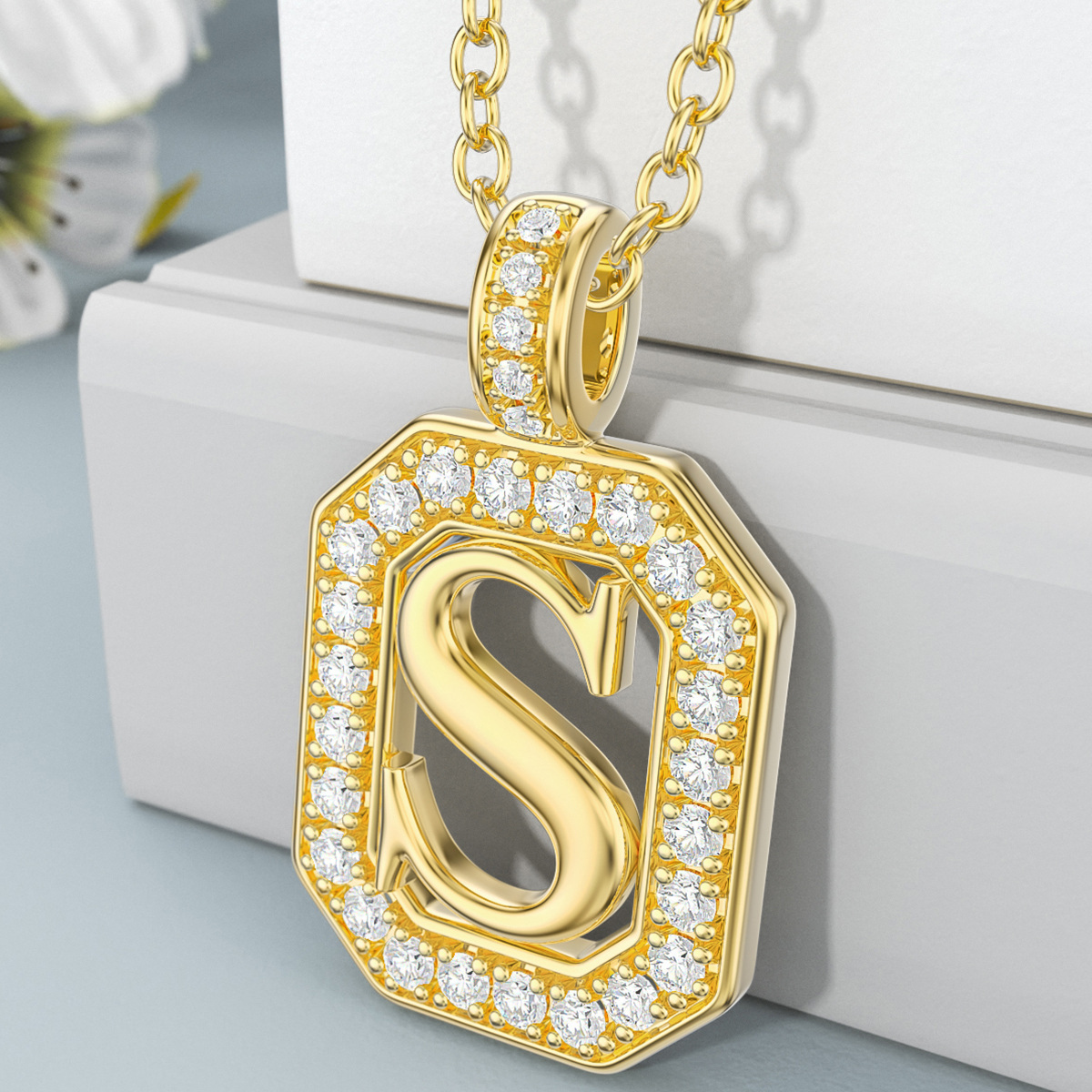 14K Gold Moissanite Square Pendant Necklace with Initial Letter S-3