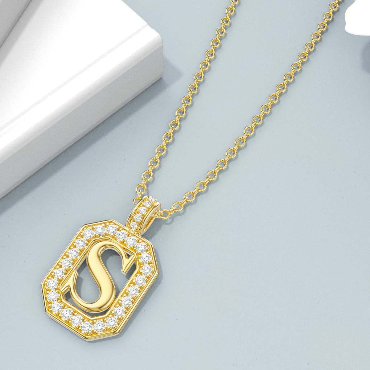 14K Gold Moissanite Square Pendant Necklace with Initial Letter S-4