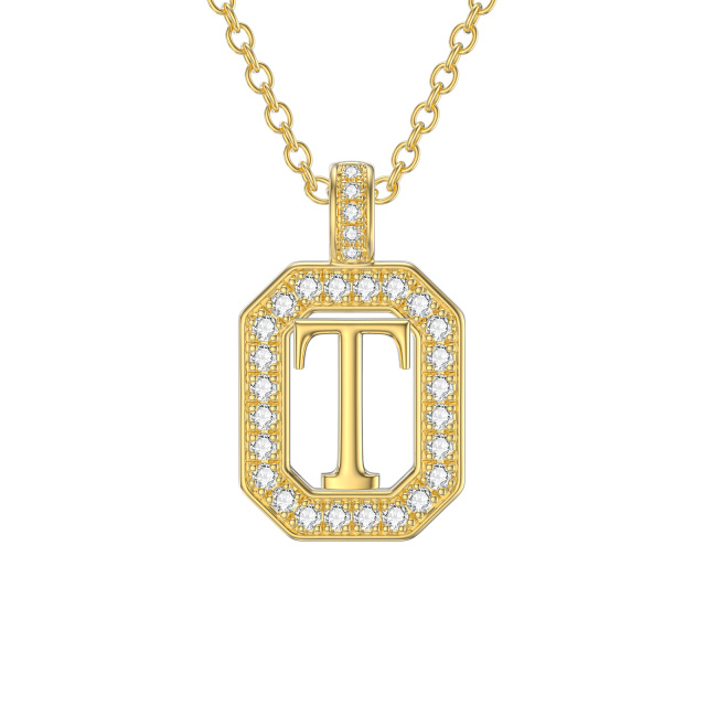 14K Gold Moissanite Square Pendant Necklace with Initial Letter T-1