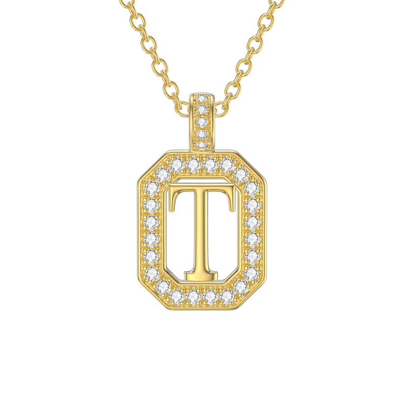 Collar de oro de 14 quilates con colgante cuadrado de moissanita y letra inicial T-1