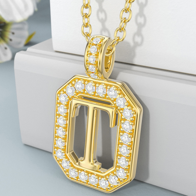 14K Gold Moissanite Square Pendant Necklace with Initial Letter T-3