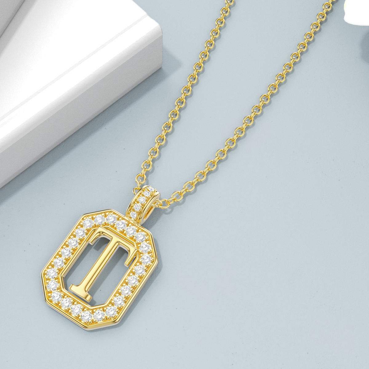 14K Gold Moissanite Square Pendant Necklace with Initial Letter T-4