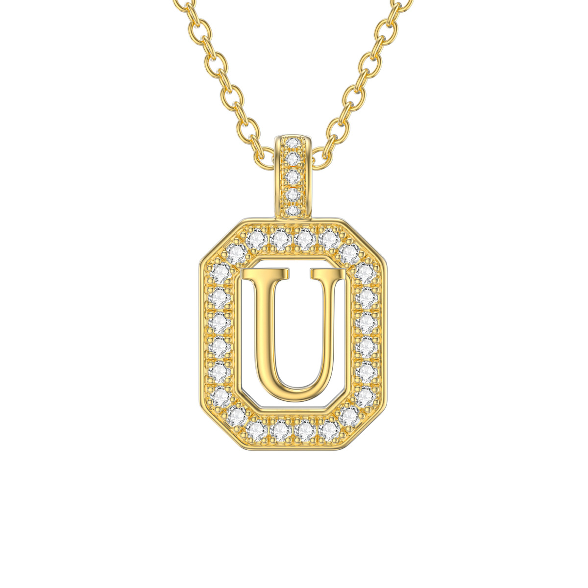 14K Gold Moissanite Square Pendant Necklace with Initial Letter U-1