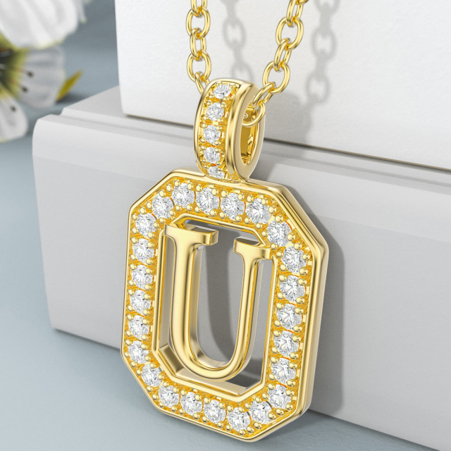 14K Gold Moissanite Square Pendant Necklace with Initial Letter U-3