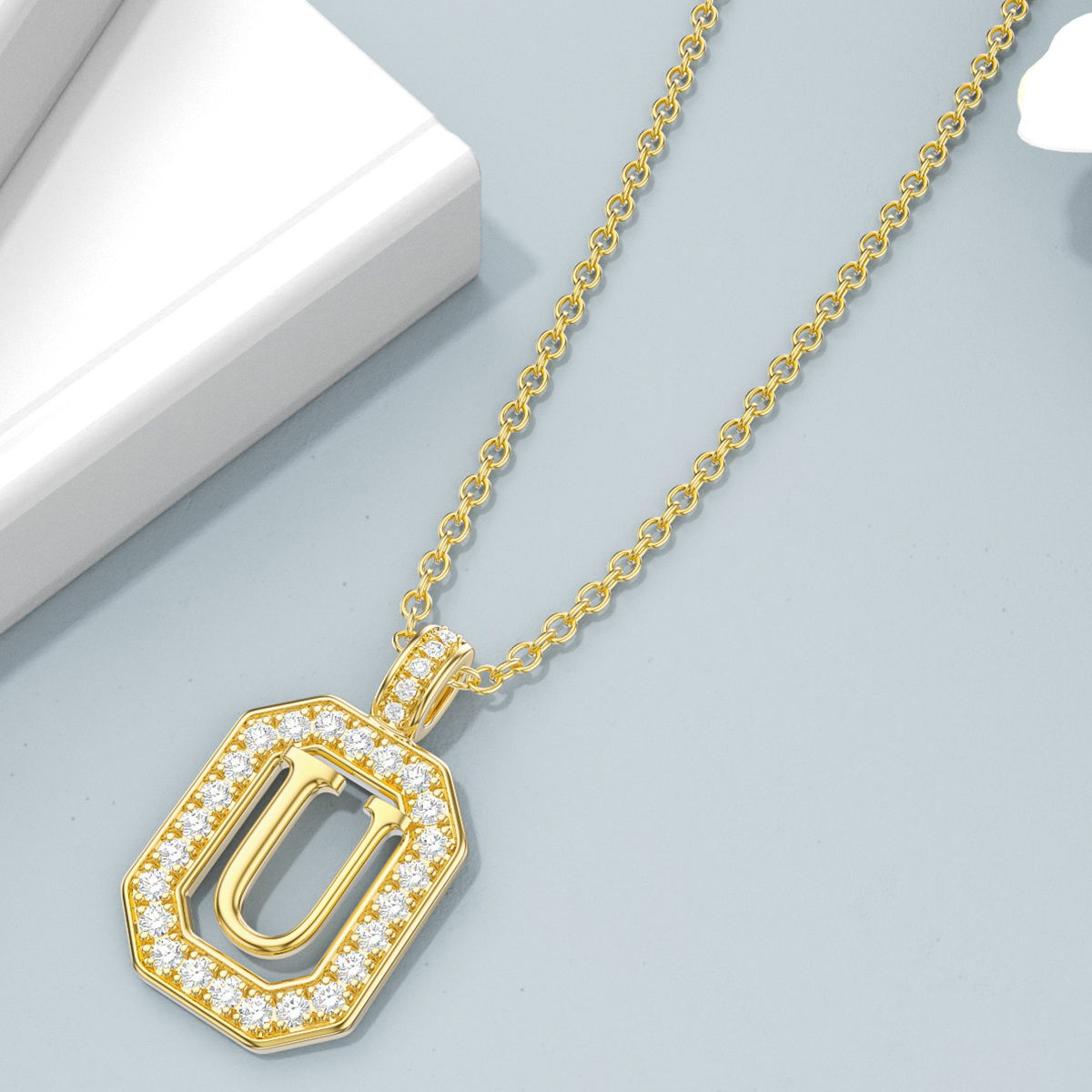 14K Gold Moissanite Square Pendant Necklace with Initial Letter U-4