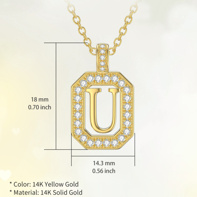 14K Gold Moissanite Square Pendant Necklace with Initial Letter U-5