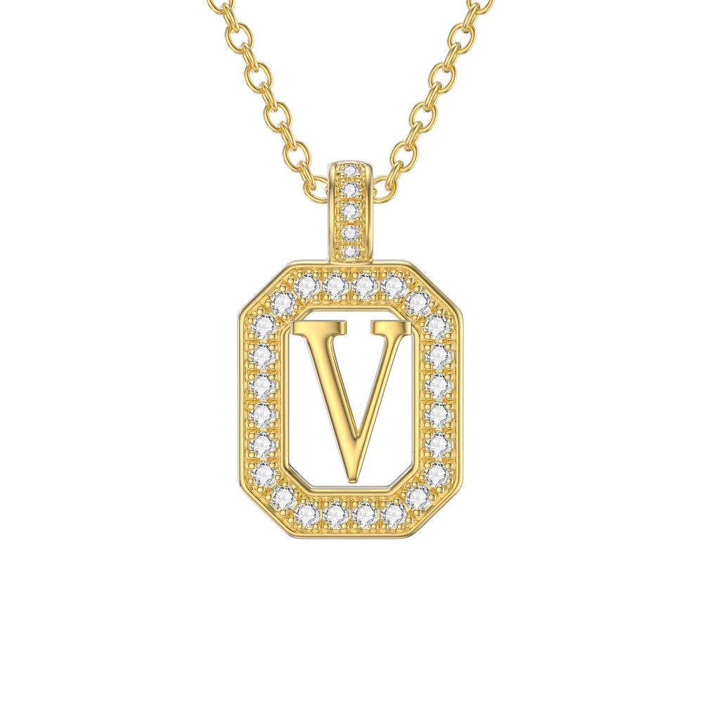 Colar com pendente quadrado Moissanite em ouro de 14K com a letra inicial V-1