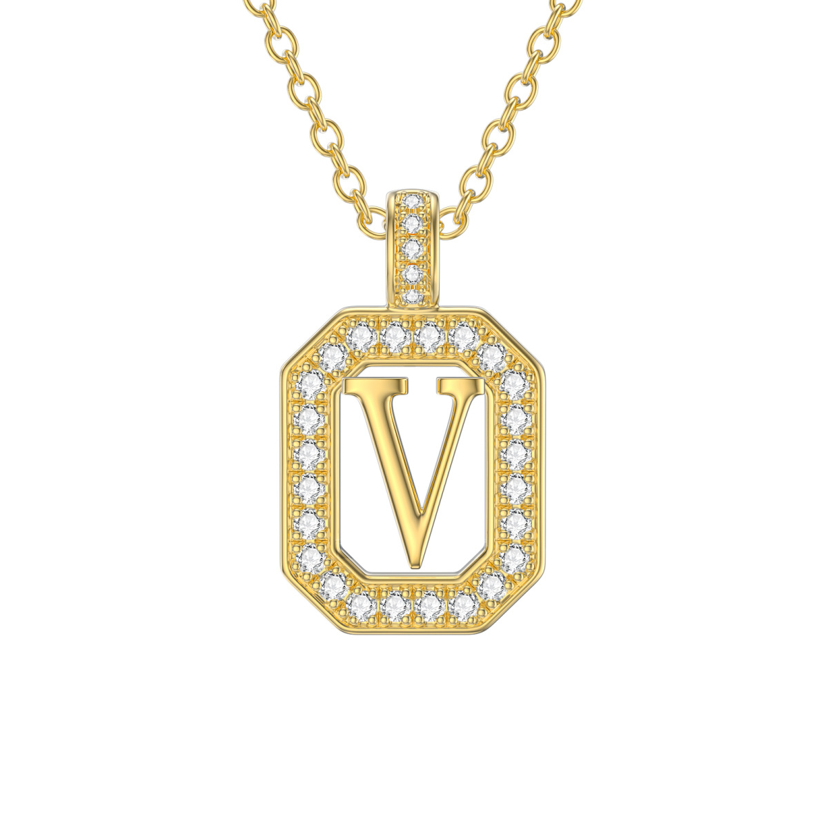 14K Gold Moissanite Square Pendant Necklace with Initial Letter V-1