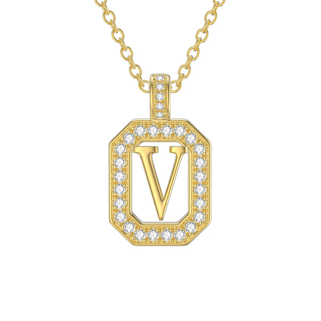 14K Gold Moissanite Square Pendant Necklace with Initial Letter V-1