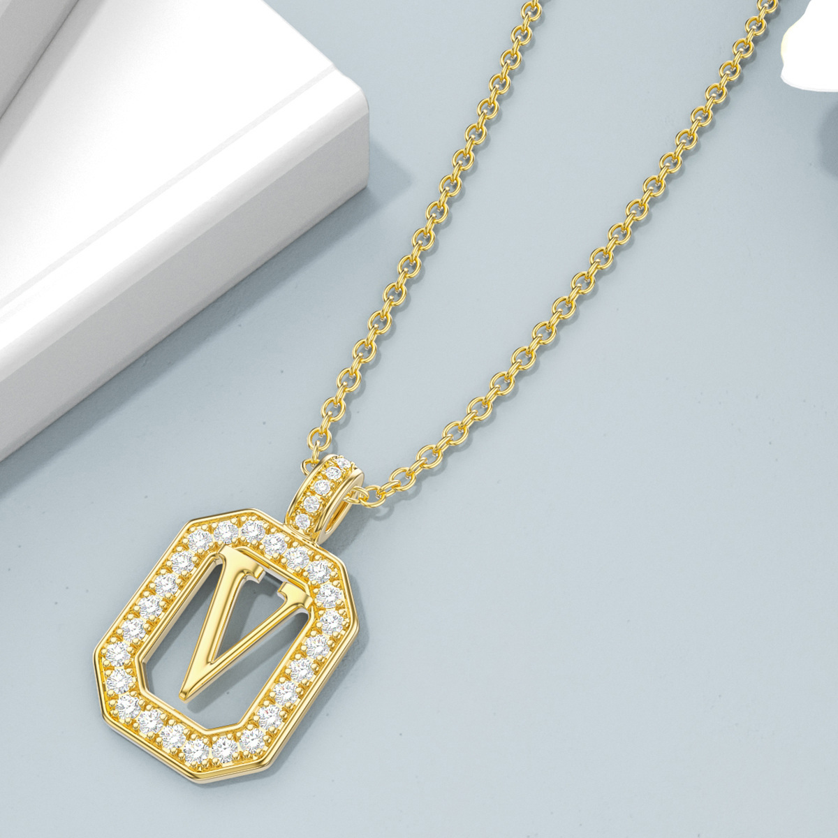 14K Gold Moissanite Square Pendant Necklace with Initial Letter V-4