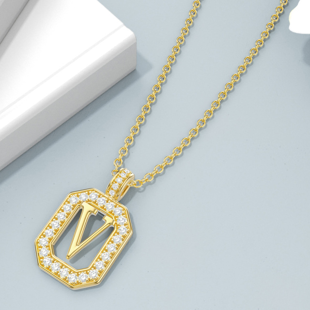 14K Gold Moissanite Square Pendant Necklace with Initial Letter V-4