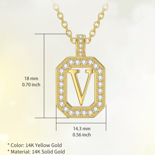 14K Gold Moissanite Square Pendant Necklace with Initial Letter V-5