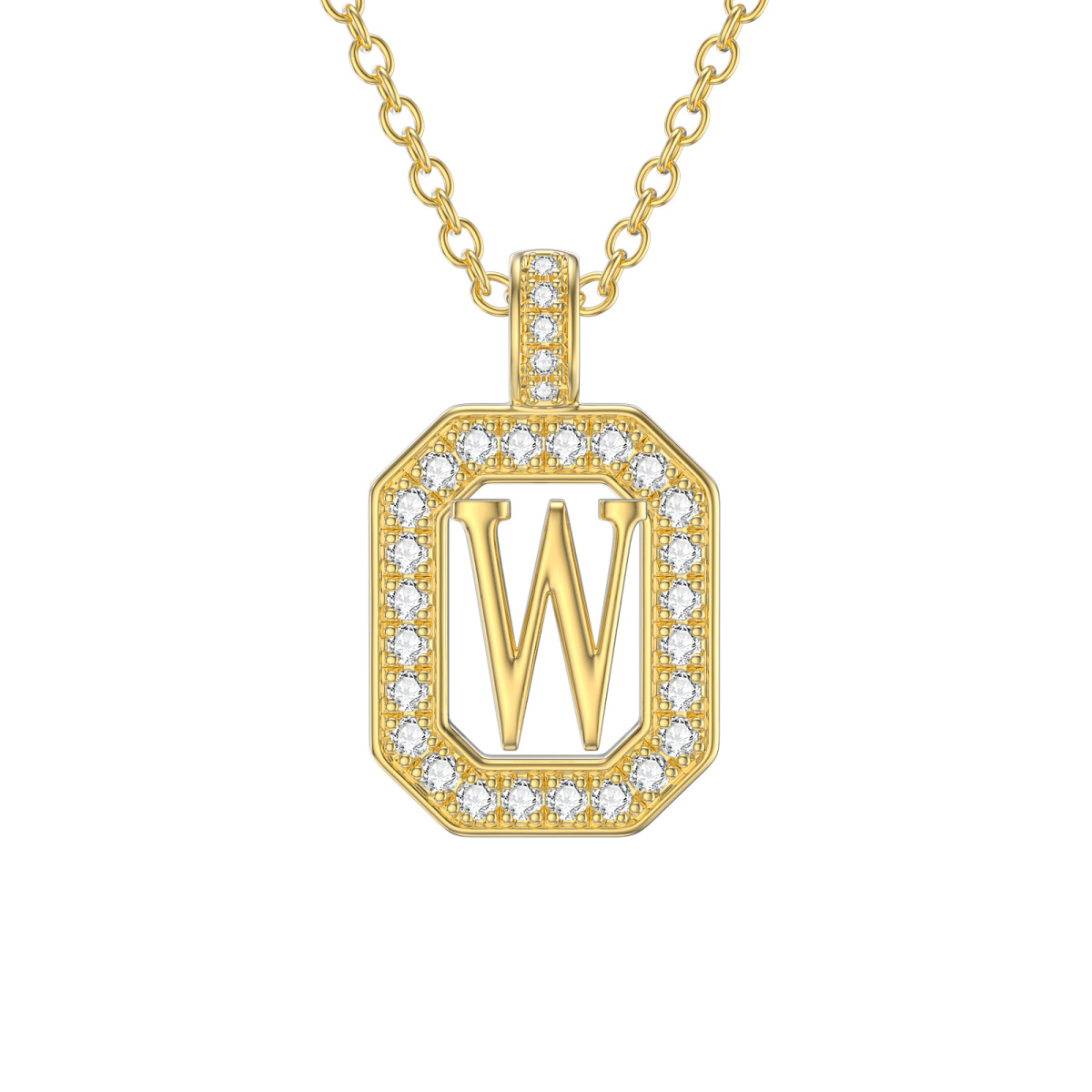 Collier pendentif carré en or 14K Moissanite avec lettre initiale W-1