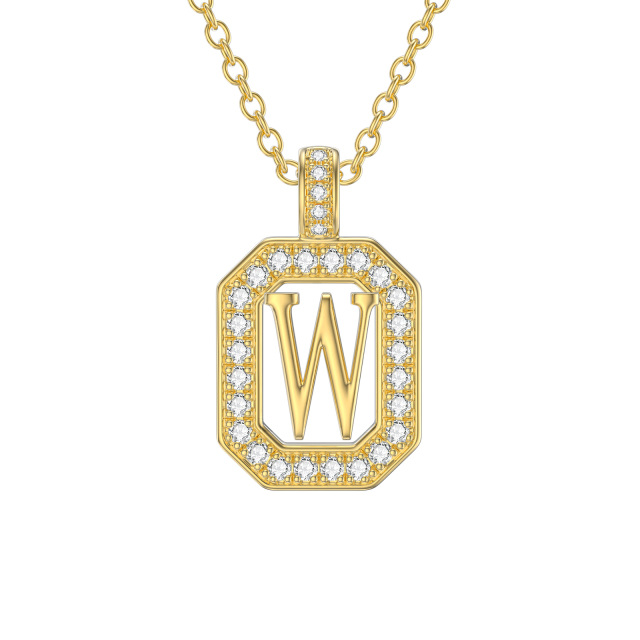 14K Gold Moissanite Square Pendant Necklace with Initial Letter W-1