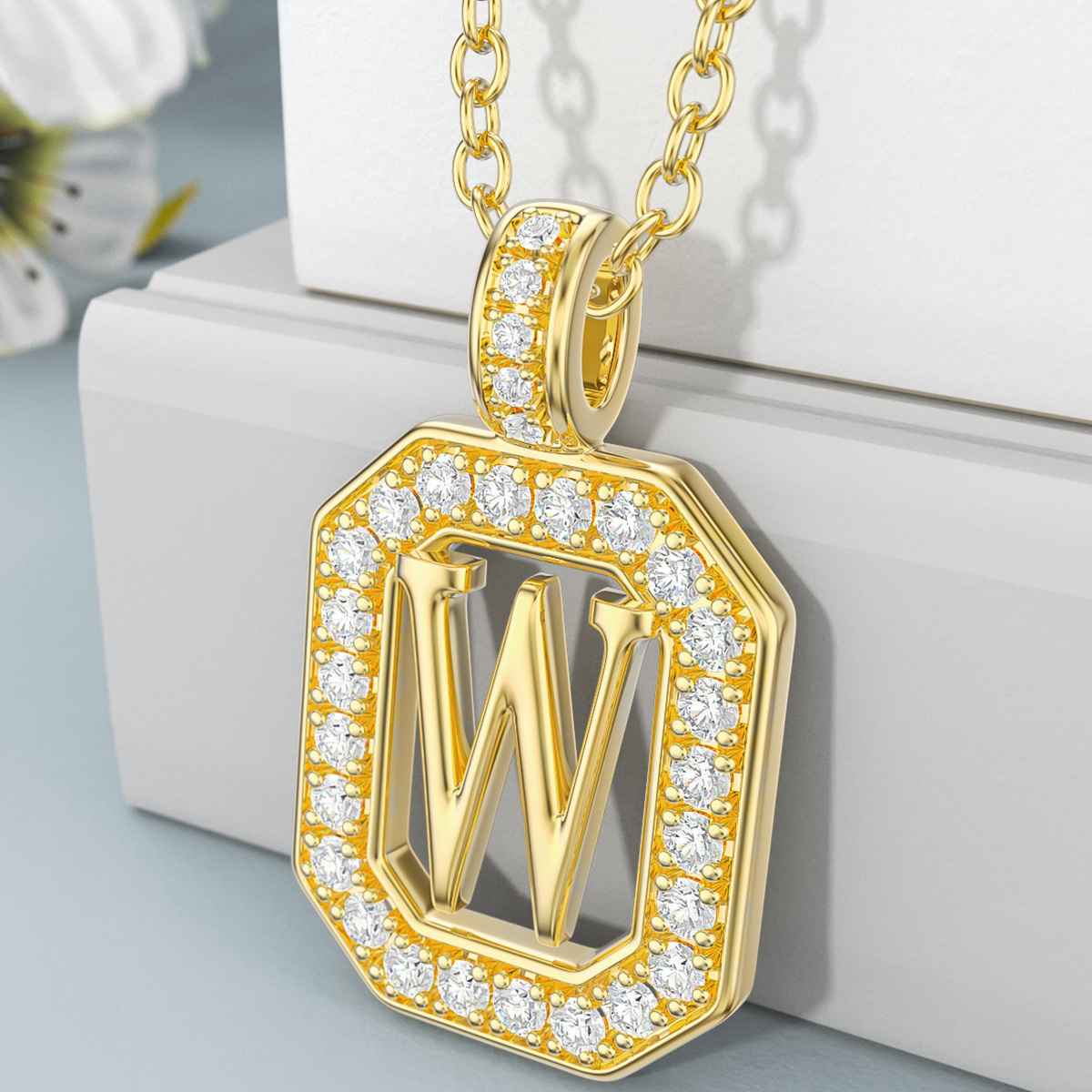 14K Gold Moissanite Square Pendant Necklace with Initial Letter W-3