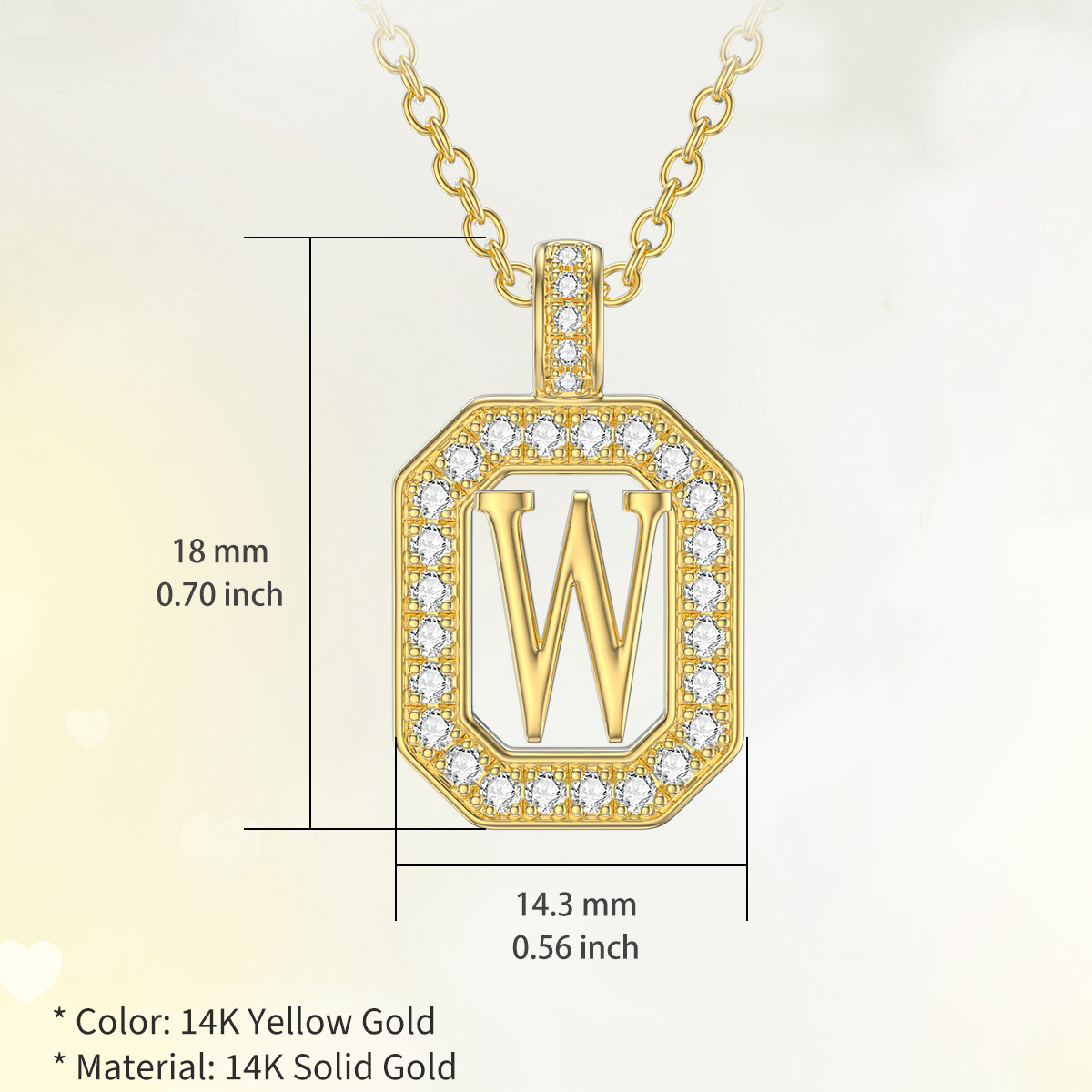 14K Gold Moissanite Square Pendant Necklace with Initial Letter W-5