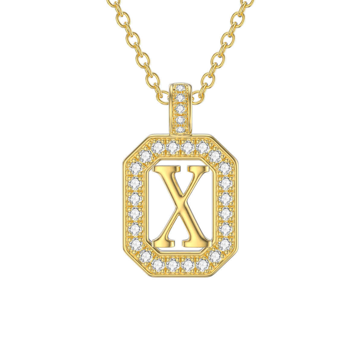 14K Gold Moissanite Square Pendant Necklace with Initial Letter X-1