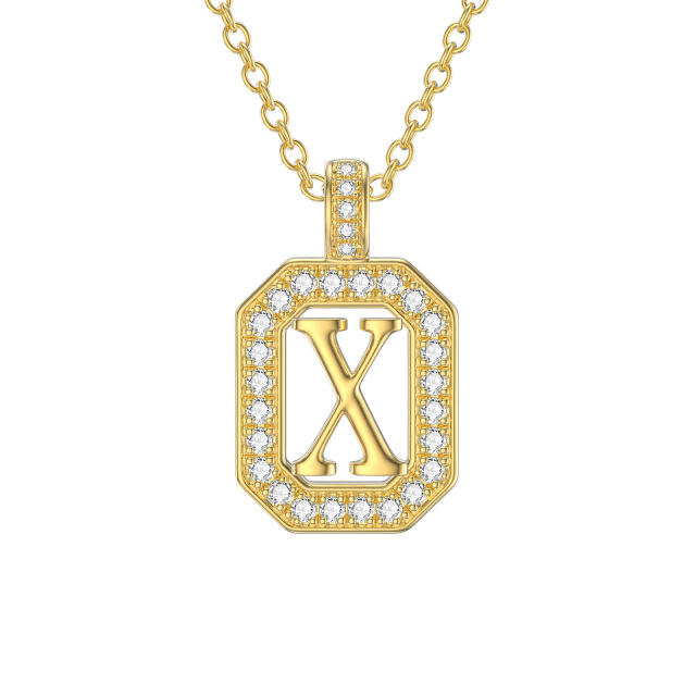 14K Gold Moissanite Square Pendant Necklace with Initial Letter X-1